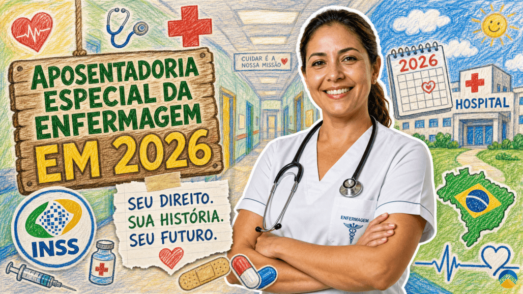 Enfermeira sorrindo com estetoscópio, símbolos do INSS e calendário de 2026 representando a aposentadoria especial da enfermagem em 2026