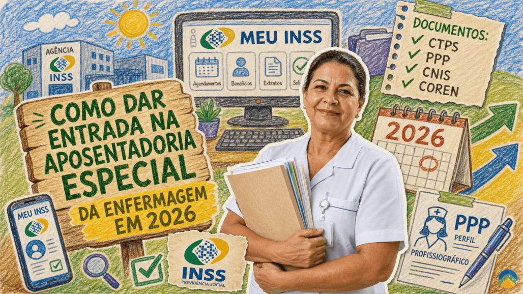 Enfermeira organizando documentos para dar entrada na aposentadoria especial da enfermagem em 2026 pelo aplicativo Meu INSS