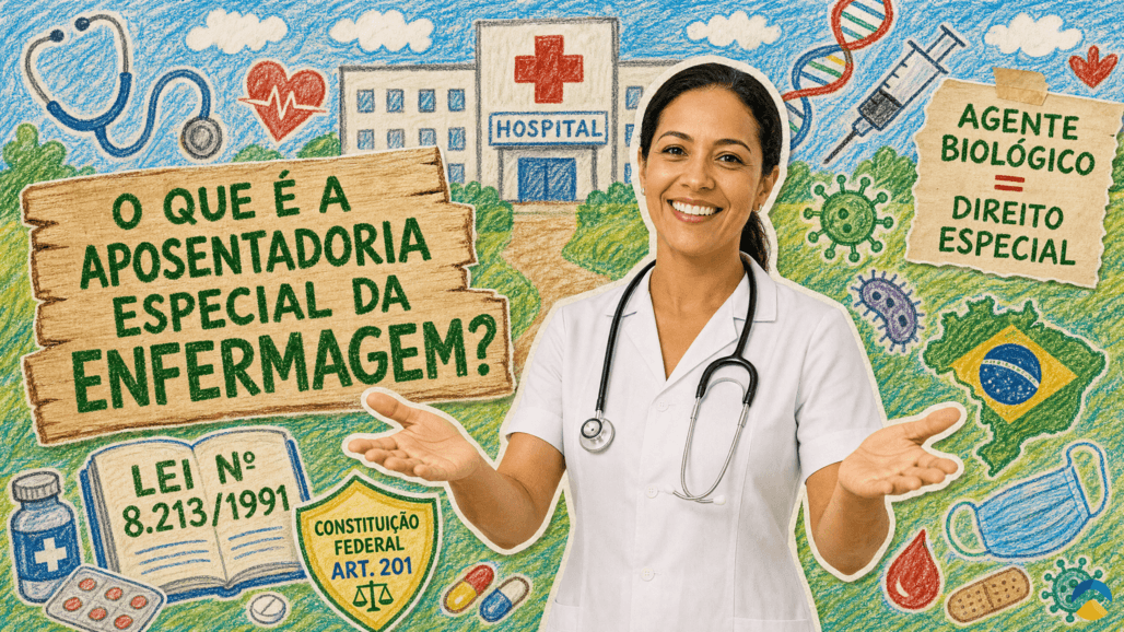 Enfermeira explicando o que é a aposentadoria especial da enfermagem, com hospital, agentes biológicos e referências à Lei 8.213/1991