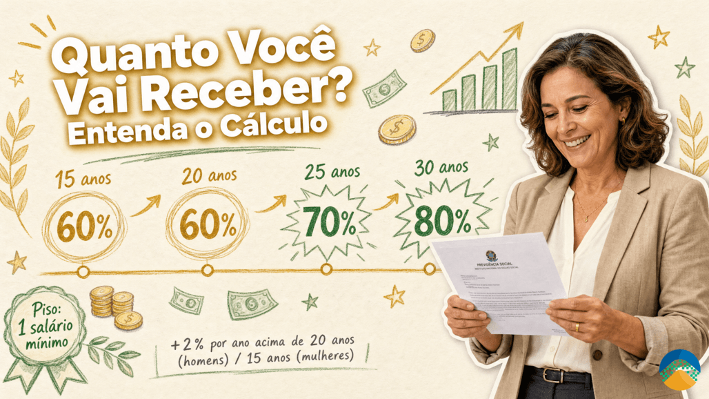 Mulher sorrindo com carta da Previdência Social ao lado de infográfico mostrando o cálculo da aposentadoria por invalidez 2026: 60% com 15 e 20 anos, 70% com 25 anos e 80% com 30 anos de contribuição, com piso de um salário mínimo.