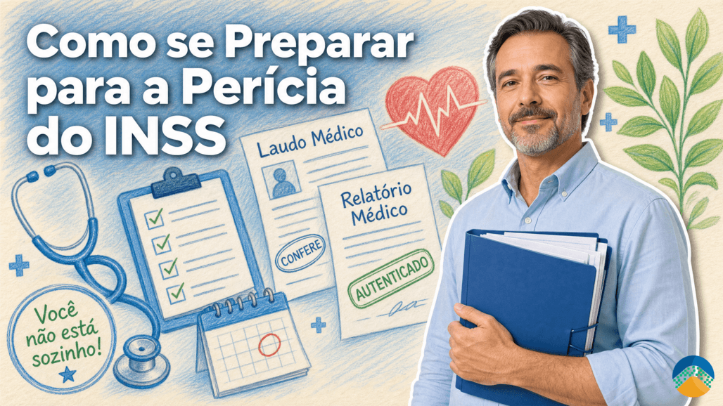 Homem de meia-idade segurando pasta de documentos com expressão confiante, ao lado de ilustrações de laudo médico, relatório autenticado, checklist e estetoscópio — guia sobre como se preparar para a perícia do INSS em 2026.