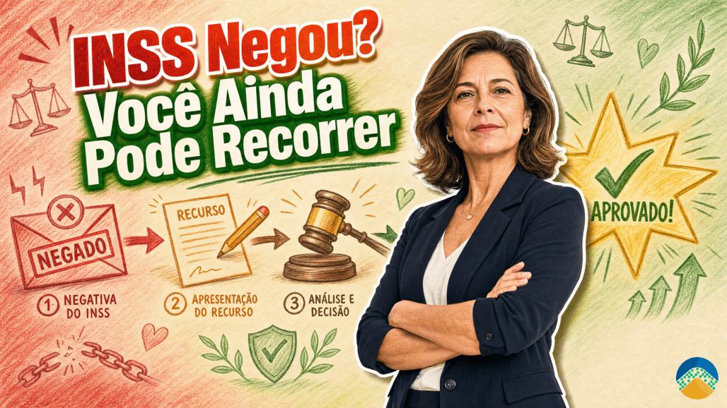 Advogada de braços cruzados com expressão determinada, ao lado de fluxograma ilustrado mostrando as etapas do recurso após negativa do INSS: negativa, apresentação do recurso, análise e decisão com resultado aprovado — aposentadoria por invalidez 2026.